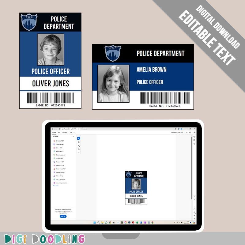 Police Costume ID Badge Template. Police Pretend Play. Police Name Tag. Police Birthday Party. Editable in Adobe Reader. Printable.