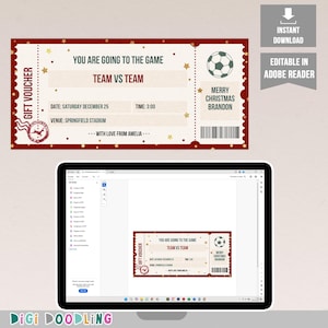 Plantilla de boleto de fútbol navideño. Boleto de fútbol imprimible. Regalo sorpresa para él o ella, papá, etc.
