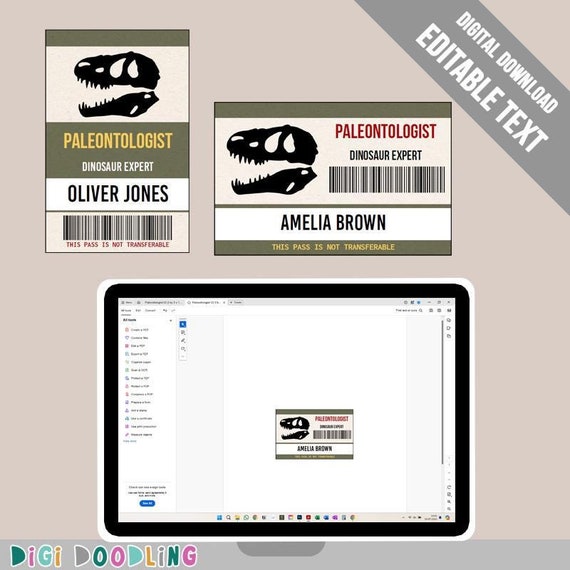 Printable Paleontologist ID Badge Template: Editable Dinosaur Party Name Tag (Digital Download)
