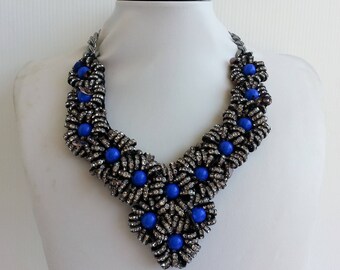 Handmade Strass Statement Necklace: Cobalt Pearls, Crystal Rhinestones IV205