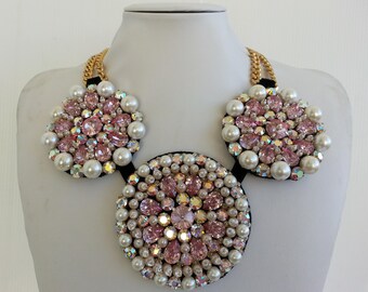Handmade Swarovski Strass Statement Necklace: Aurora Borealis & Pearl Collar IV215