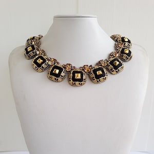 Handmade Swarovski Strass Statement Necklace: Black & Topaz Jewel IV298