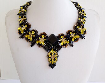 Handmade Swarovski Strass Statement Necklace: Black & Topaz Jewel IV321