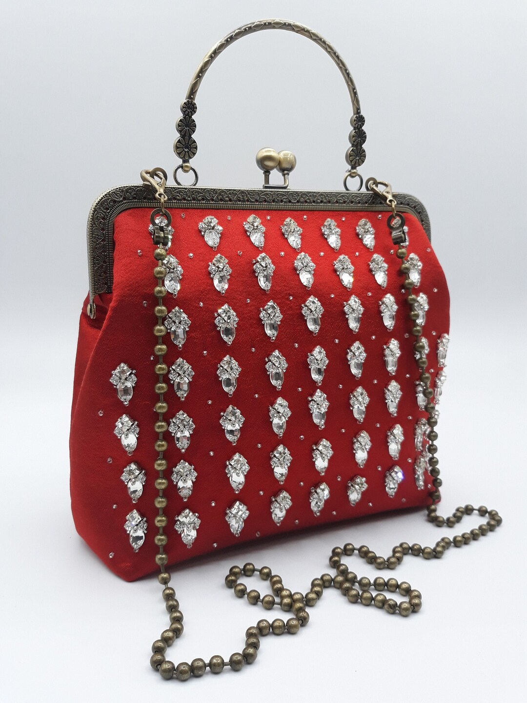Handmade Jeweled Kiss-lock Crossbody Bag: Rhinestone Embroidered