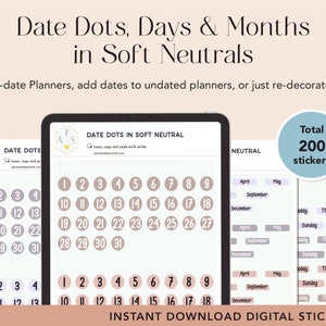 Datumspunkte, Tage und Monate in sanftem Neutral - 200 digitale englische Stickerpaket - Goodnotes-Sammlung, PNG vorgeschnitten - Digitaler Download.