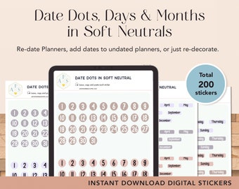Date Dots, Days & Months in Soft Neutral – 200 Digital English Sticker pack – Goodnotes Collection, PNG Pre-cropped – Digital Download.
