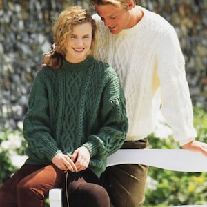 Women&#39;s Mens Aran Sweater Round Neck Cable jumper Drop sleeves 30-44&quot; Aran Worsted 10ply Knitting Patterns PDF  Downloadable