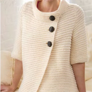 Very Easy Woman&#39;s Ribbed Effect Short Sleeve Button Front Jacket Cardigan ~ 38&quot; - 54&quot;- Aran 10 ply Knitting Pattern PDF Instant download