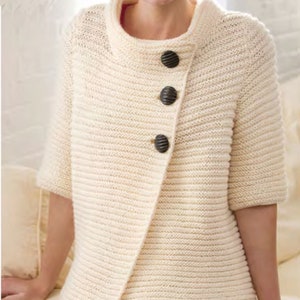 Very Easy Woman's Ribbed Effect Short Sleeve Button Front Jacket Cardigan ~ 38" - 54"- Aran 10 ply Knitting Pattern PDF Instant download