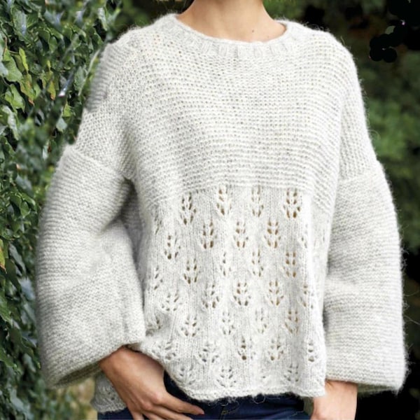 Woman's Lace  and Garter stitch-loose fit Sweater Jumper -Alpaca Wool-29-49ins Instant Download Knitting Pattern PDF