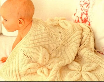 Leaf Pattern Baby Blanket Knit in Squares Pram- cot cover -Aran 10 Ply Worsted & DK 8 Ply Light Worsted Knitting Pattern PDF  Download
