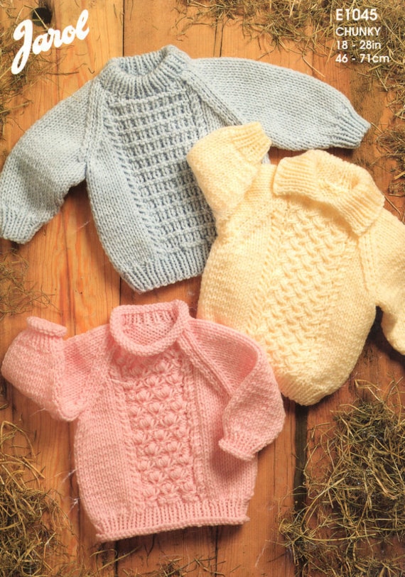 Baby Sweaters, Styles To Knit In Chunky Wool- Fits Chest 18-28 UK