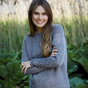 Womens  Easy Top Down Sweater with  Basket weave panel sleeves~ Aran 10Ply Worsted Wool 34- 52" Knitting Pattern PDF Instant download