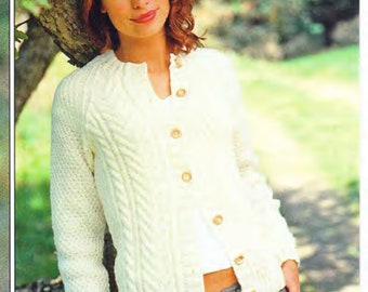 Woman's Classic Aran Cardigan  Round Neck or with Collar Knitting Pattern Instant Download PDF -30-54 Ins- Aran 10 ply wool Larger sizes