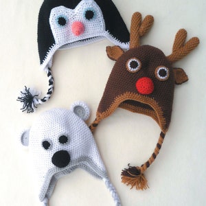 Christmas Crochet Hats Reindeer, penguin, polar bear- DK-8ply wool-21-24 Inches width around head- Crochet Pattern Instant download boy girl
