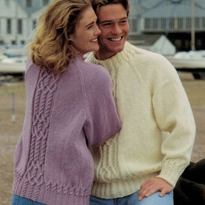 Man Womans Cable sweater Round Neck Raglan sleeves, easy cable knitting  - Chest 30&quot; - 44&quot; Download PDF- Bottom up