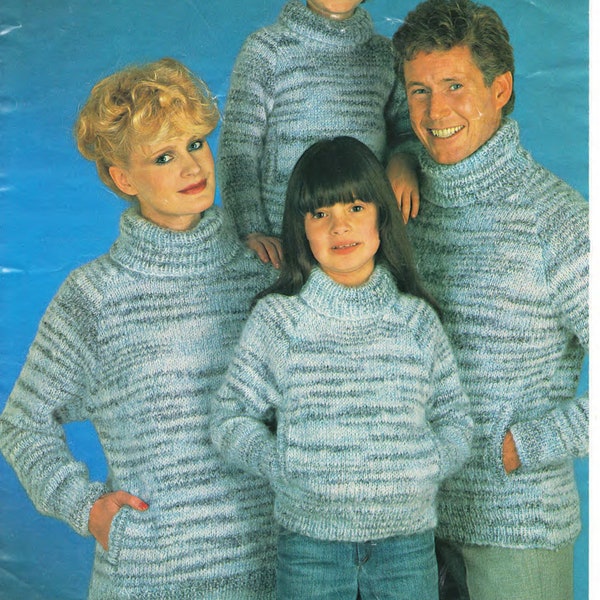 Easy Polo Neck Sweaters- Cagoule-  Man- Womans Childrens- Chunky Bulky quick knit wool- Knitting pattern download PDF  24" - 44" chest