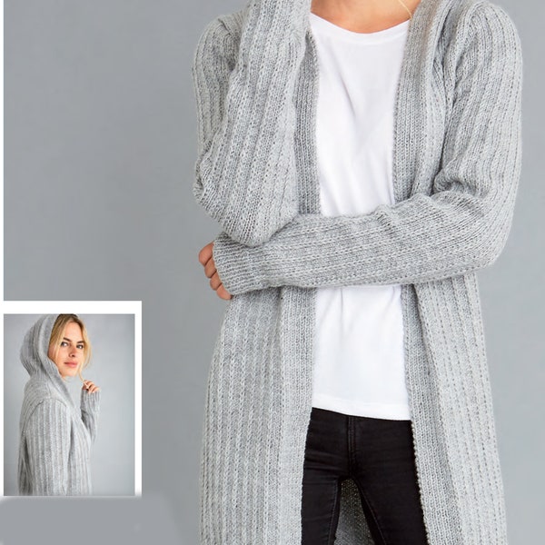 Woman's Easy Hooded Rib Longline Cardigan Jacket 32"- 50" Larger Sizes DK 8Ply Knitting Pattern PDF Instant Download