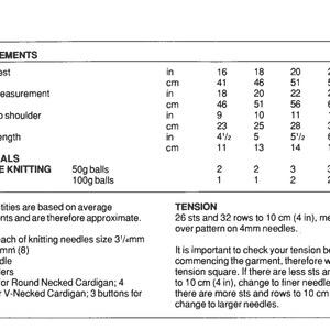 May include: Knitting pattern chart with measurements in inches and centimeters for a cardigan. The chart includes yarn requirements, needle sizes, and tension information. The text includes the words "Double Knitting" and "Tension".