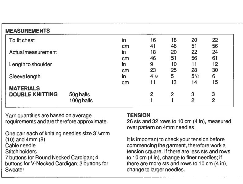 May include: Knitting pattern chart with measurements in inches and centimeters for a cardigan. The chart includes yarn requirements, needle sizes, and tension information. The text includes the words "Double Knitting" and "Tension".