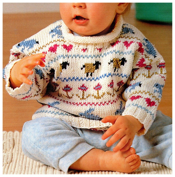 Baby Sampler Sweater Sheep Rabbits Hearts Flowers Roll Neck 18
