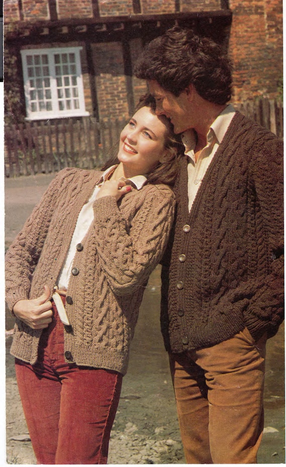 Woman s Mans Aran Classic V Neck Cardigan jacket Knitting Pattern Aran 10 Ply Worsted Wool Chest 34 42 Download PDF Etsy