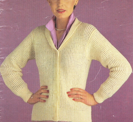Woman's-Ladies Textured cardigan Collar -drop shoulder Knitting Pattern-  32 44Ins- Download PDF Fingering ply yarn
