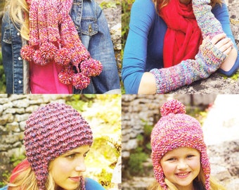 Woman's Girls Pom pom Scarf- Wrist Warmers- Textured & Bobble Hats Knitting pattern In Chunky Bulky wool- Download PDF 4 years- adult sizes