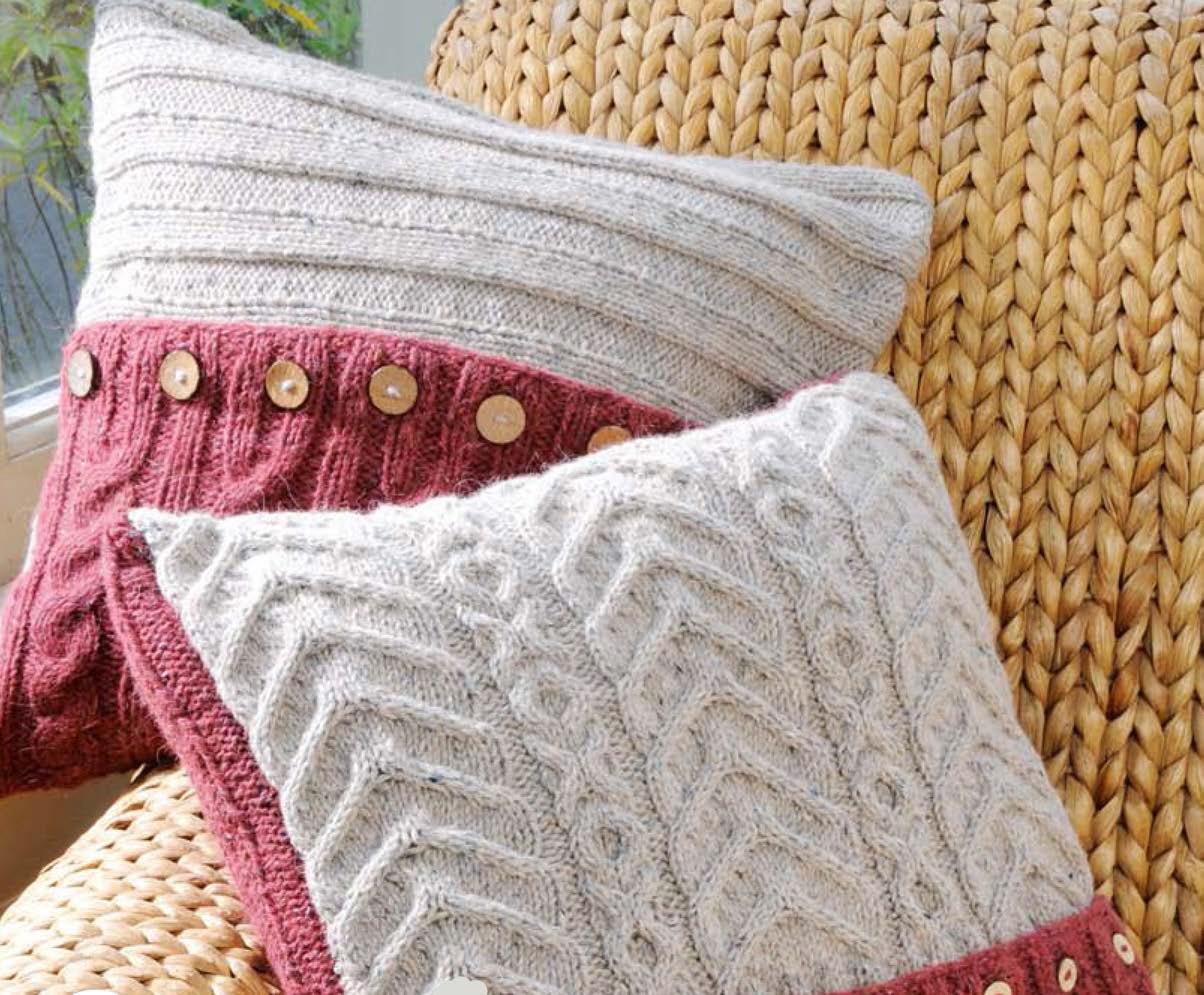 Knitted Aran cable and Ribbed cushion covers- 2 designs-15.75" square when complete PDF Knitting Pattern-Instant Download