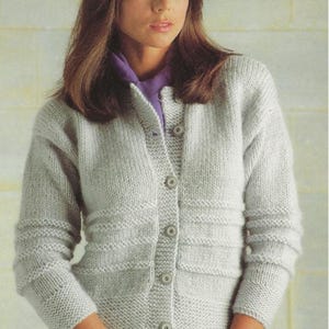 Easy Woman's Chunky Round Neck Easy Cardigan 28"- 44"- Easy  Chunky/ Bulky wool Knitting Pattern Download PDF
