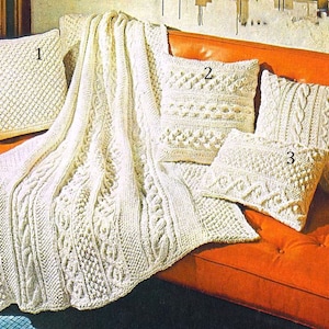4 cushions different designs to knit- Plus Matching Afghan- Heavy Rug Yarn Needed-Instant download Knitting pattern