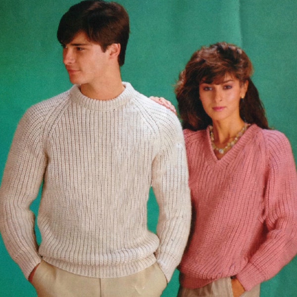 Woman's Mans Round Neck Ribbed Sweater Round- V neck knitted in Chunky Bulky wool- Knitting pattern download PDF size 32" - 42" chest