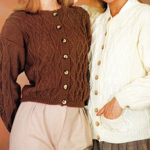 Woman&#39;s long or short aran style cardigans-Knitted in DK- 8 ply Light worsted  wool-fits 30-40&quot; Knitting pattern download PDF
