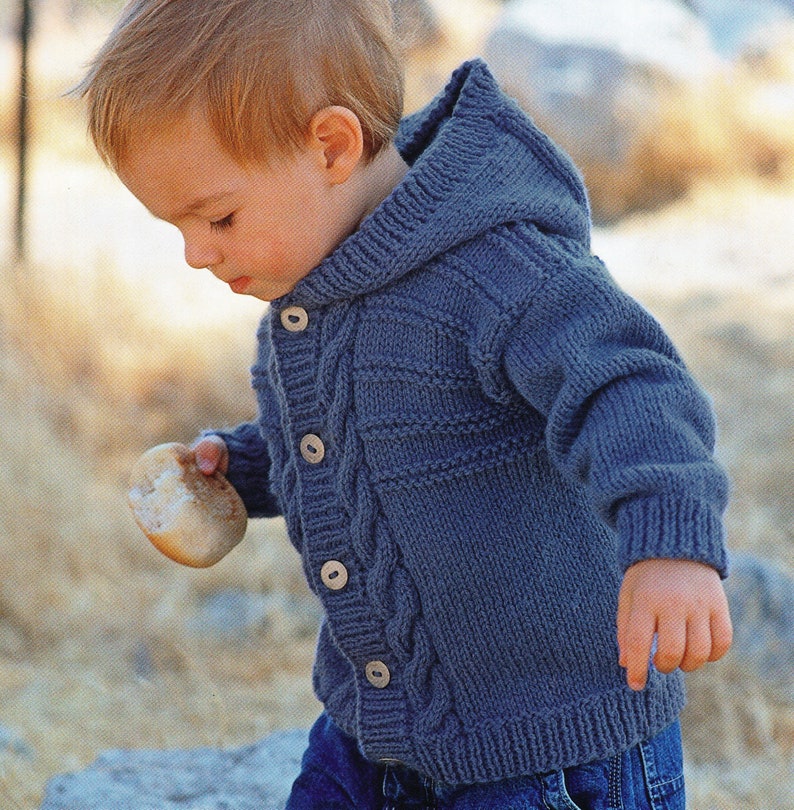 Child's Easy Cable Cardigan& Hooded Jacket Boy Girl Knitting Pattern AranWorsted weight Instant Download-18-28 chest immagine 1
