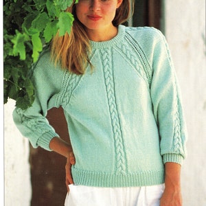 Woman&#39;s easy knit cable raglan sweater pattern in DK - 8 ply light worsted wool- fits chest 32-42 inches- PDF Knitting Pattern
