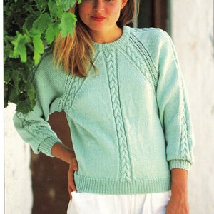 PDF Knitting Pattern Ladies  easy knit cable raglan sweater pattern in DK wool- fits chest 32-42 inches