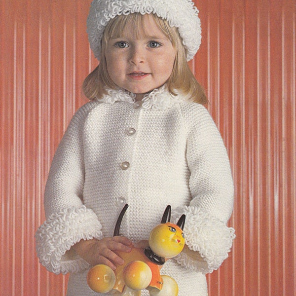 Girls- Garter stitch with loopy collar & cuffs plus Hat- DK 8 Ply Light worsted - Knitting pattern PDF Knitting Pattern-Instant download