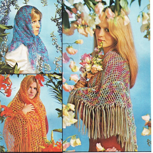 Womans Vintage 1960's Crochet Boho Fringed Bohemian style Shawl Square & Stole- Mohair Yarn- Crochet Pattern PDF Instant Download.