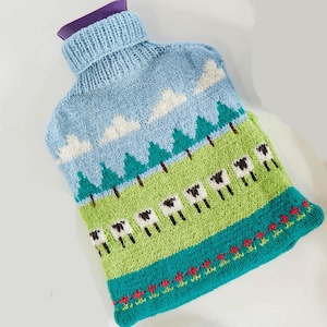 PDF Knitting Pattern - Hot Water Bottle Cover- Field of Sheep- 4ply wool Instant Download