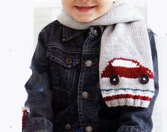 Little boys scarf and mittens with a car design in DK /8 ply Light worsted wool- knitting pattern download