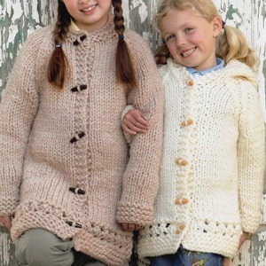 Girls Easy Super Chunky Long Coat- Jacket with or without Hood- Super Bulky- Super Chunky yarn= Knitting pattern 1-11 yrs- Download PDF