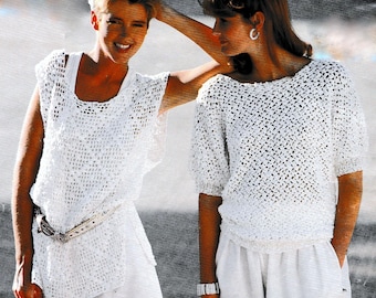 Womans Crochet Summer top Tabard &  short sleeved Sweater Cotton Yarn- 32" - 40 tor tabard -32-38 for sweater- Crochet pattern download PFG
