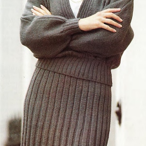 Easy Knit  Woman&#39;s Ladies, Deep V Neck Sweater- Jumper & Skirt~ DK/8Ply ~ 32-42&quot; bust- Knitting Pattern- Instant download