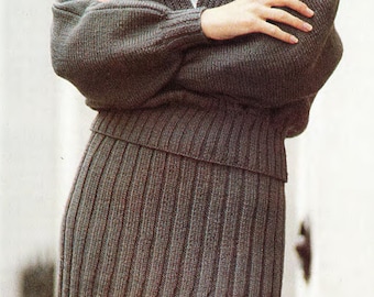 Easy Knit  Woman's Ladies, Deep V Neck Sweater- Jumper & Skirt~ DK/8Ply ~ 32-42" bust- Knitting Pattern- Instant download