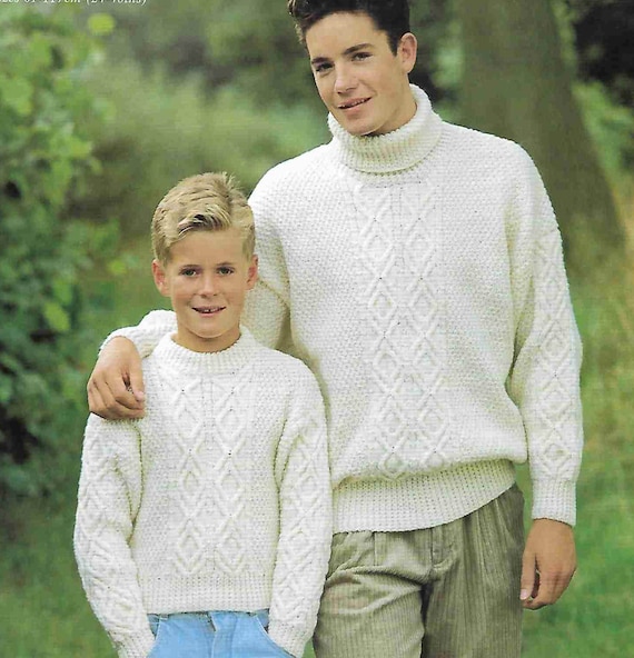 Mans Boys Cable Moss Stitch Sweaters- Round Neck Polo Neck- Aran