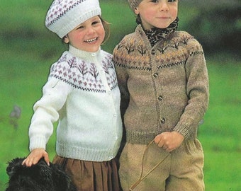 PDF Instant Download Knitting Pattern - Childs Fairisle Yoke Cardigan- Fits chest 22-30" DK wool