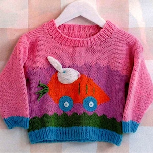 Baby boy girl Carrot  Rabbit  Motif Jumper Sweater in DK 8 ply fits 6 - 24 Months Knitting pattern Download PDF