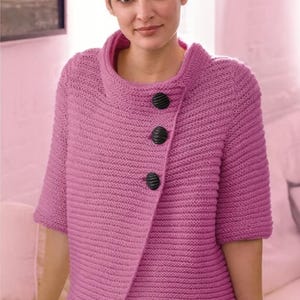 Very Easy Woman's Ribbed Effect Short Sleeve Button Front Jacket Cardigan ~ 38" - 54"- Aran 10 ply Knitting Pattern PDF Instant download