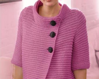 Very Easy Woman's Ribbed Effect Short Sleeve Button Front Jacket Cardigan ~ 38" - 54"- Aran 10 ply Knitting Pattern PDF Instant download