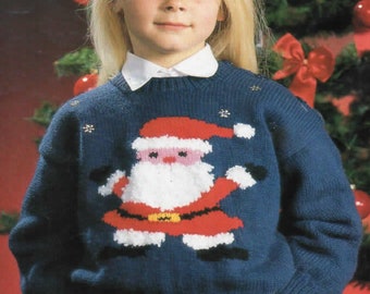 Childs Santa Claus Motif Round Neck Christmas Xmas Sweater Boys Girls 22-30" ~ DK 8 Ply Light Worsted Knitting Pattern pdf Instant Download